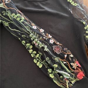 Embroidered Black Mesh Sleeve Top
